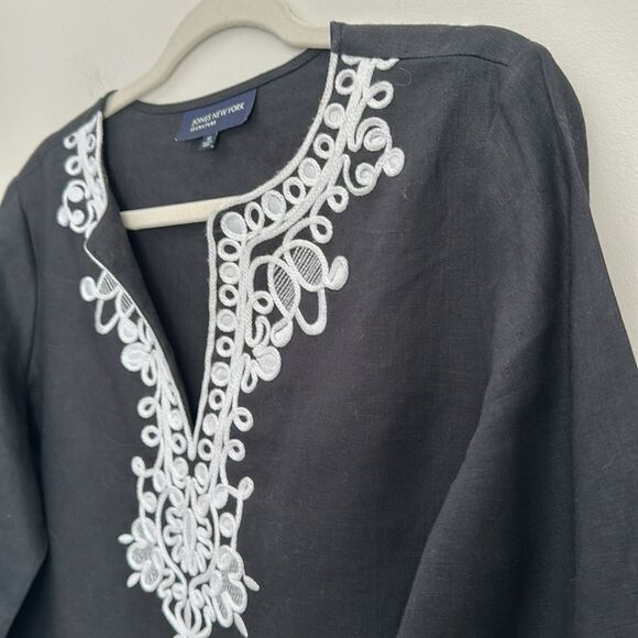 JONES NEW YORK Linen Split Neck Tunic Top Blouse Black Soutache Embroidery Sz. M - Picture 4 of 10
